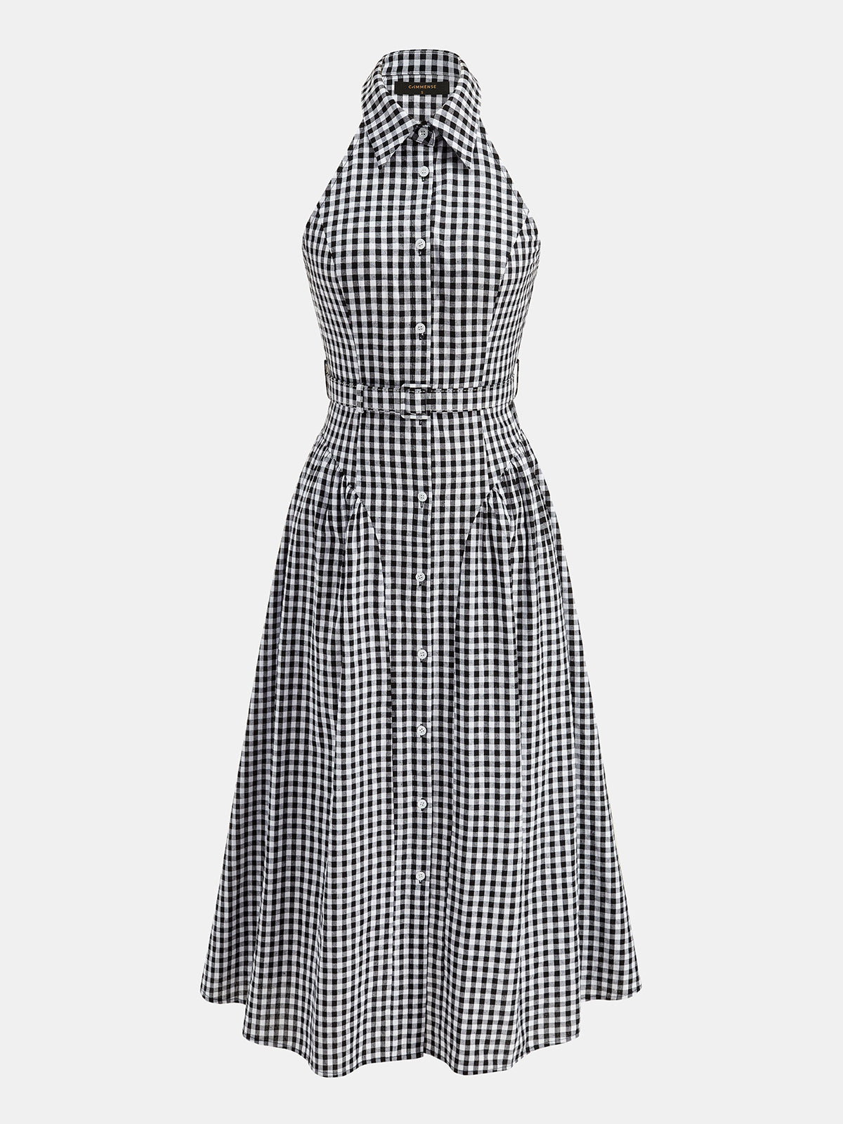 Gingham Collared Halter Belted Midi Dress with Pockets and Button Details
