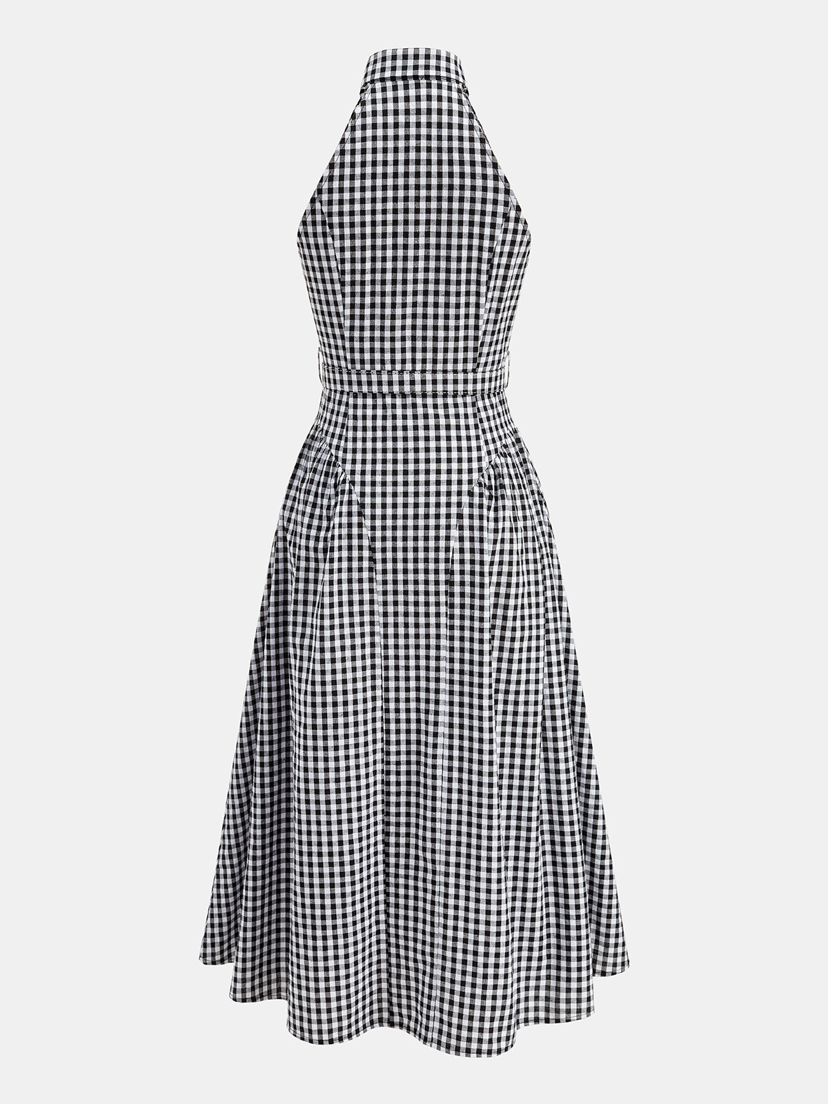 Gingham Collared Halter Belted Midi Dress with Pockets and Button Details