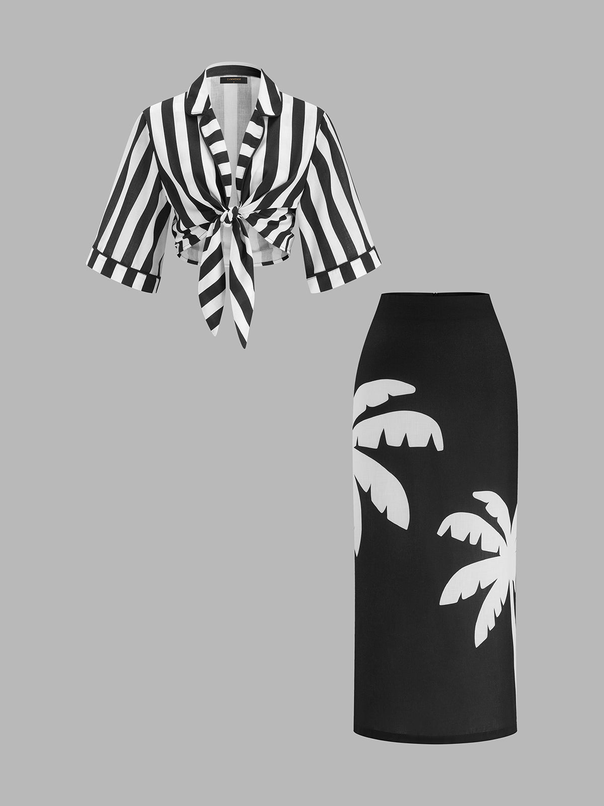 Striped Knotted Blouse & Tropical Palm Print Skirt Set for Women