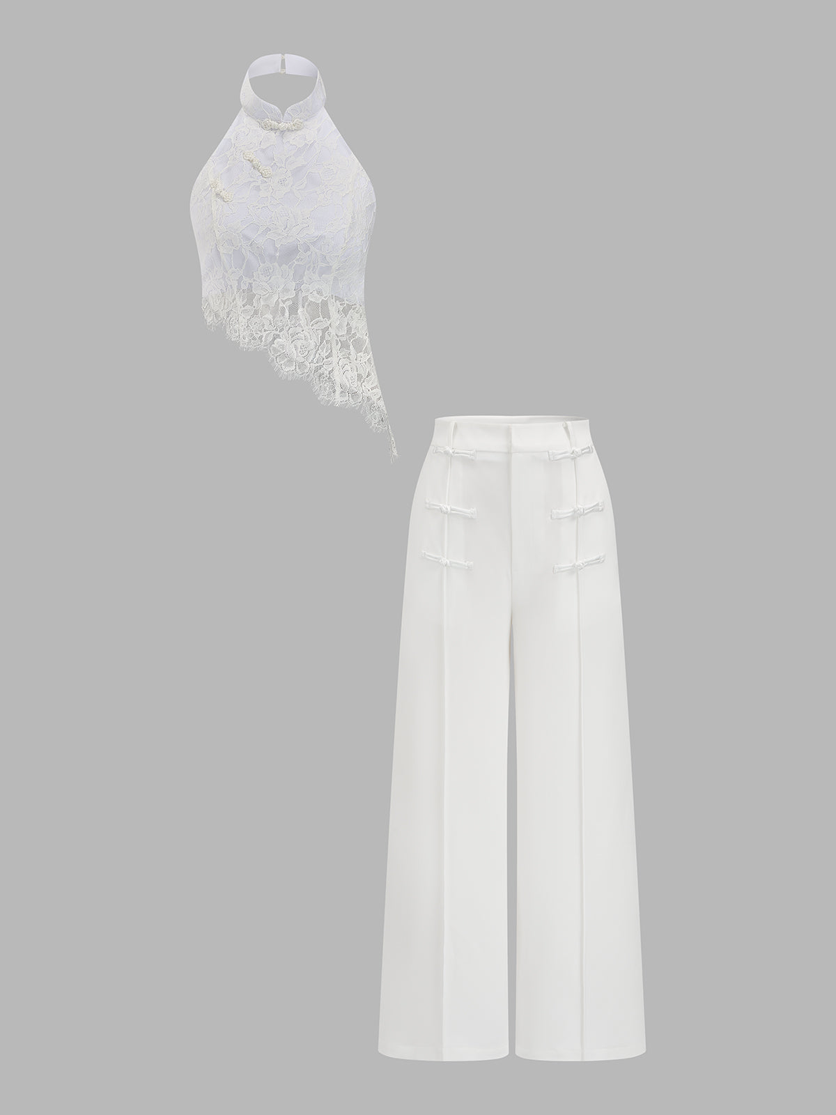 Frog Button Halter Lace Asymmetric Women's Top & Stylish Pants Set