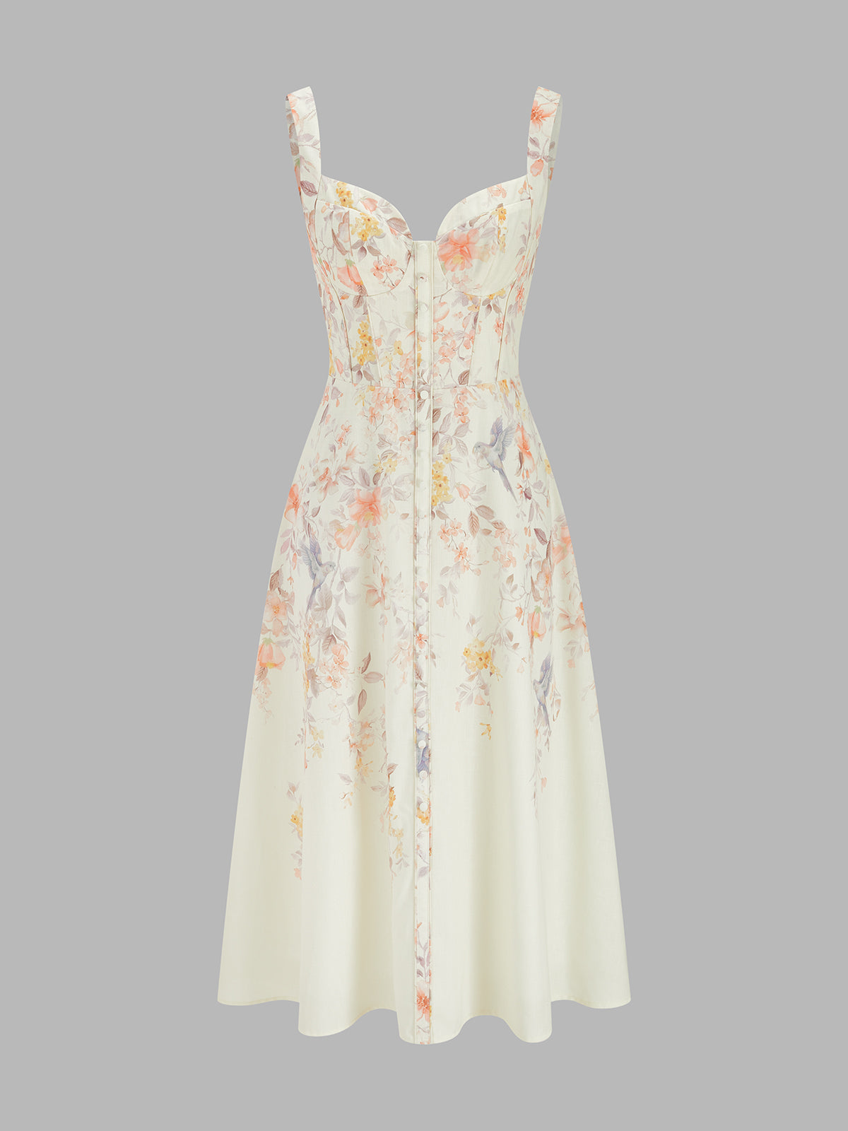Floral Bird Print Bustier Strap Midi Dress for Spring and Summer Weddings