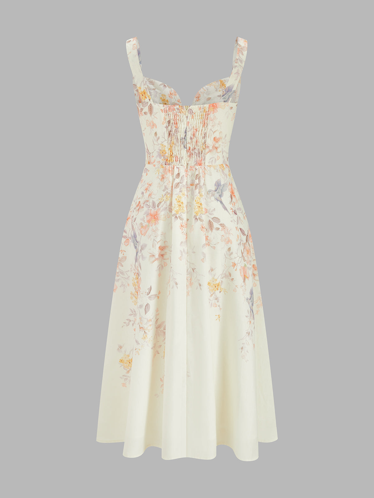 Floral Bird Print Bustier Strap Midi Dress for Spring and Summer Weddings