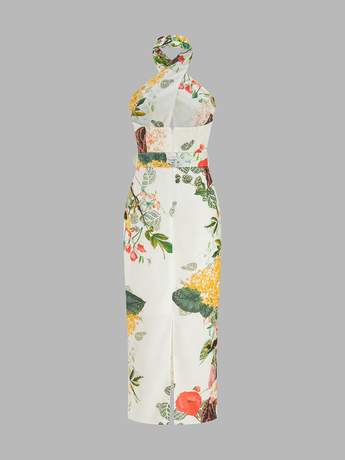 Halter Floral Print Belted Midi Pencil Dress Women's Spring Fashion