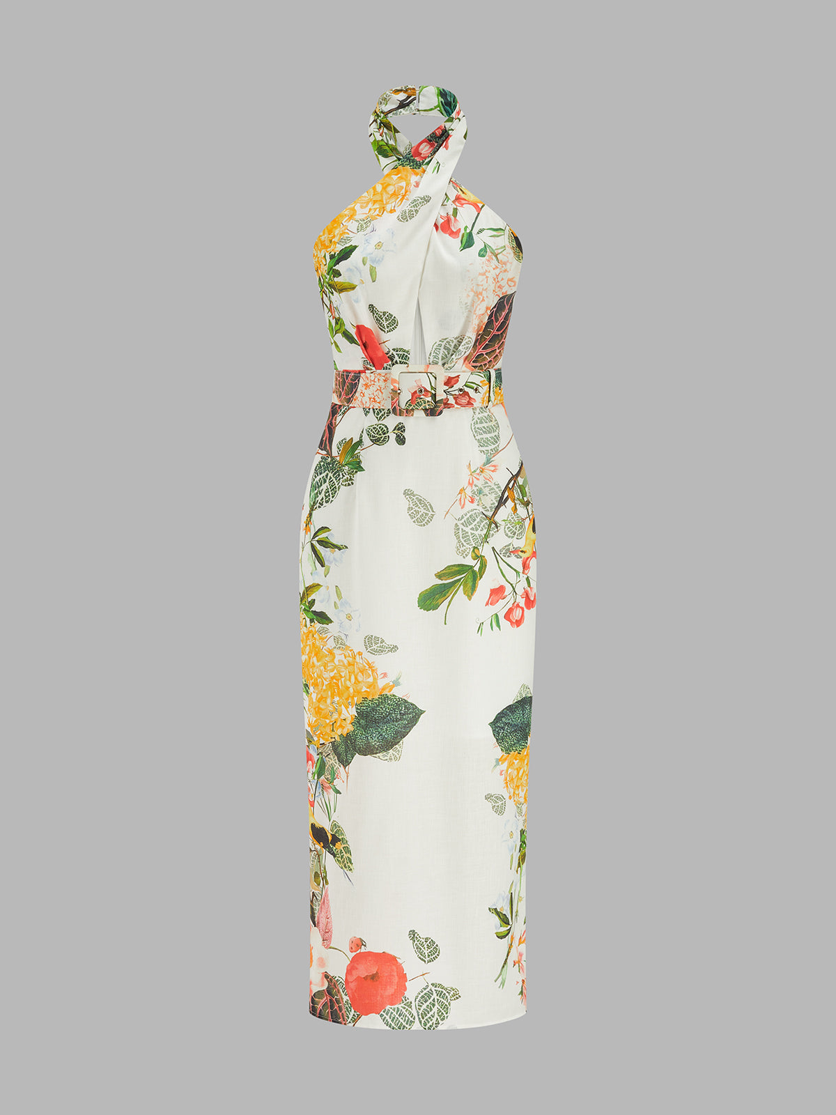 Halter Floral Print Belted Midi Pencil Dress Women's Spring Fashion