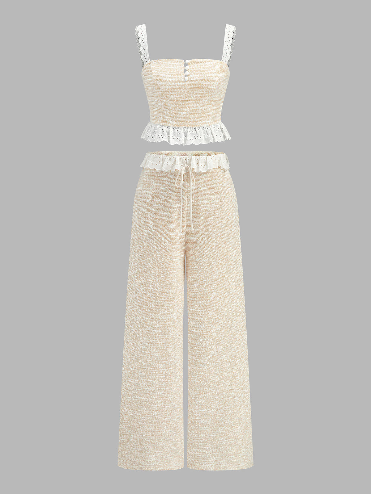 Lace Trim Textured Cami Top & Drawstring Pants Loungewear Set for Women