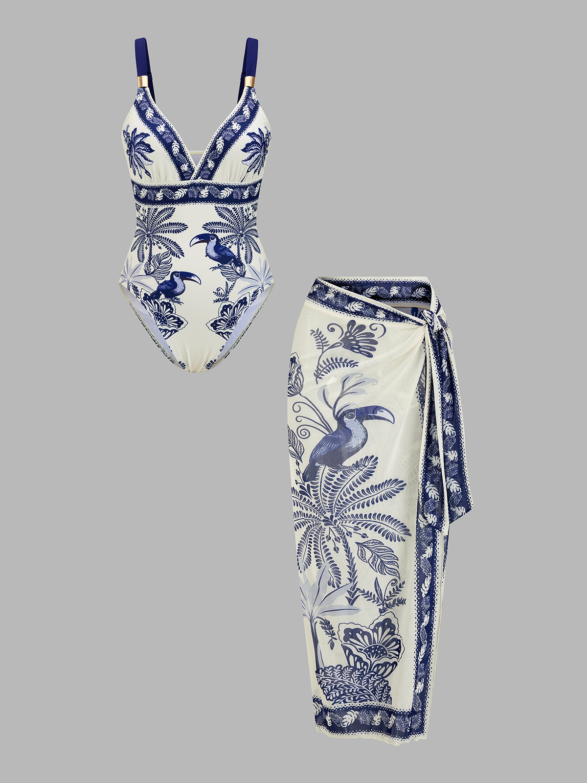 Tropical Toucan Print One Piece Swimsuit & Sarong Set for Women Beachwear