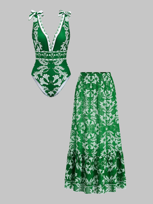 Botanical Print One Piece Swimsuit & Skirt Set for Women Summer Beachwear