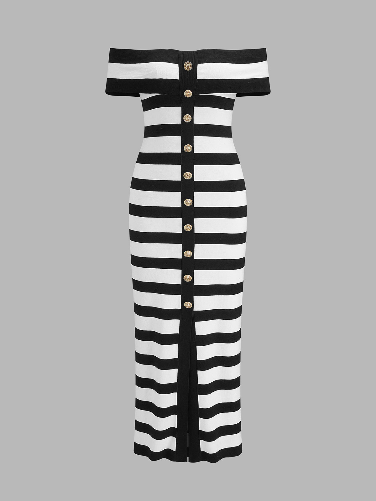 Striped Off Shoulder Knit Midi Dress with Belted Waist