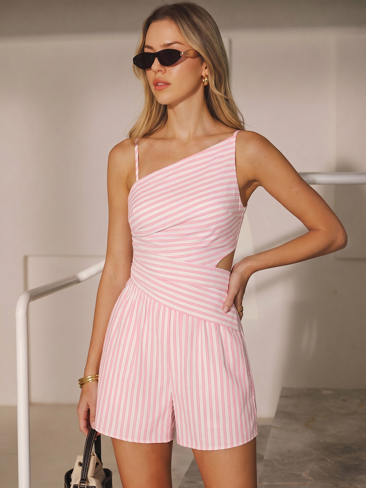 Striped Cotton Blend Cutout Top & Shorts Set for Summer Casual Wear