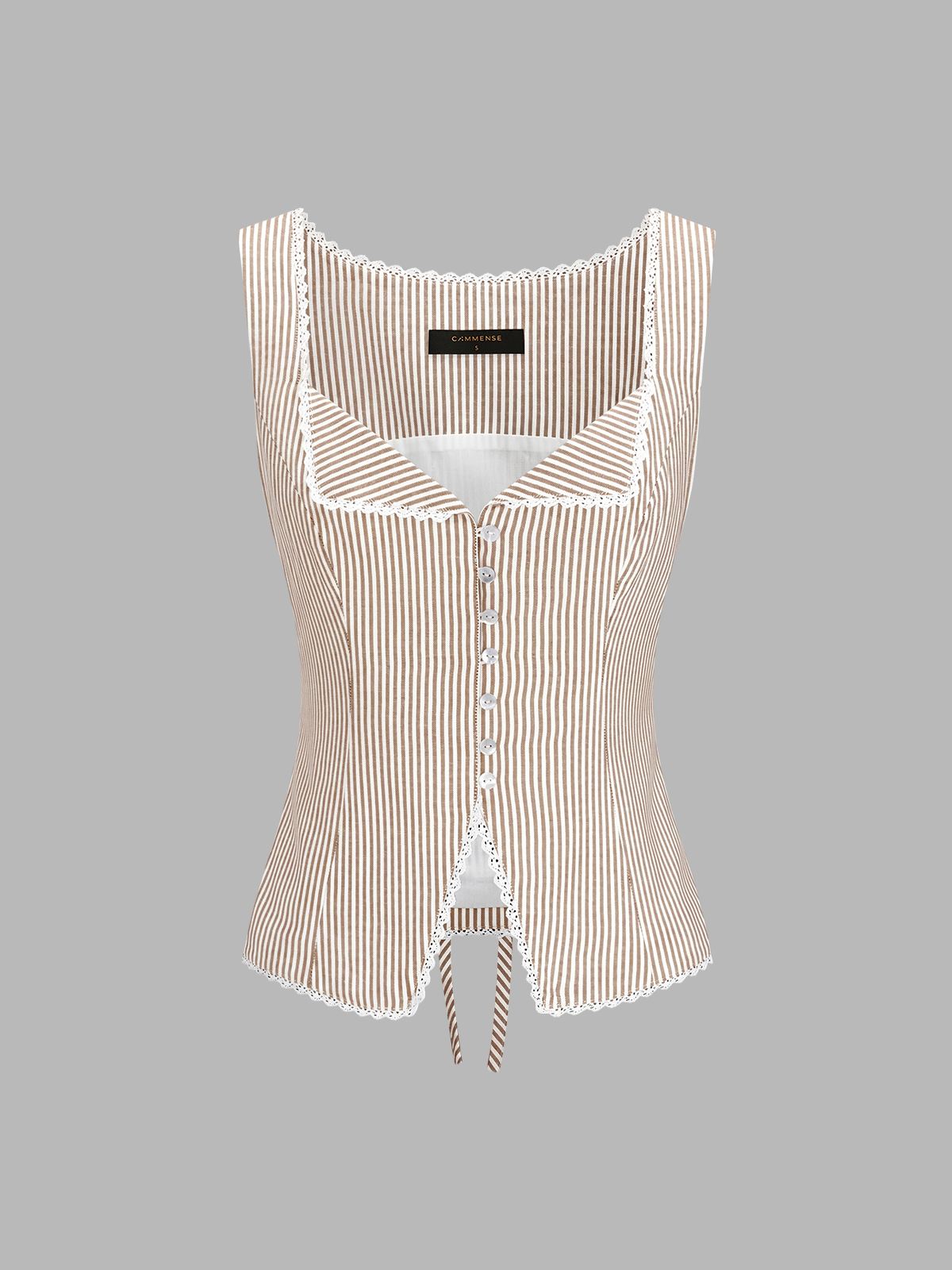 Striped Lace Trim Button-Front Tank Top with Adjustable Straps for Women