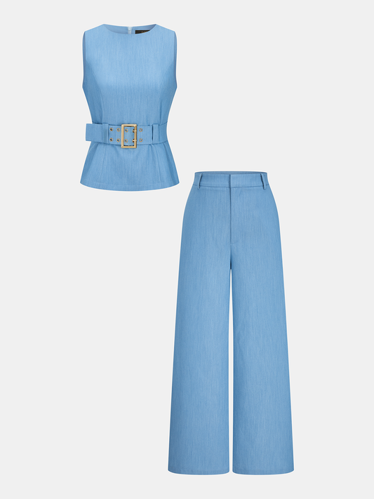 Belted Sleeveless Top & Wide Leg Pants Set for Women Comfort Fit
