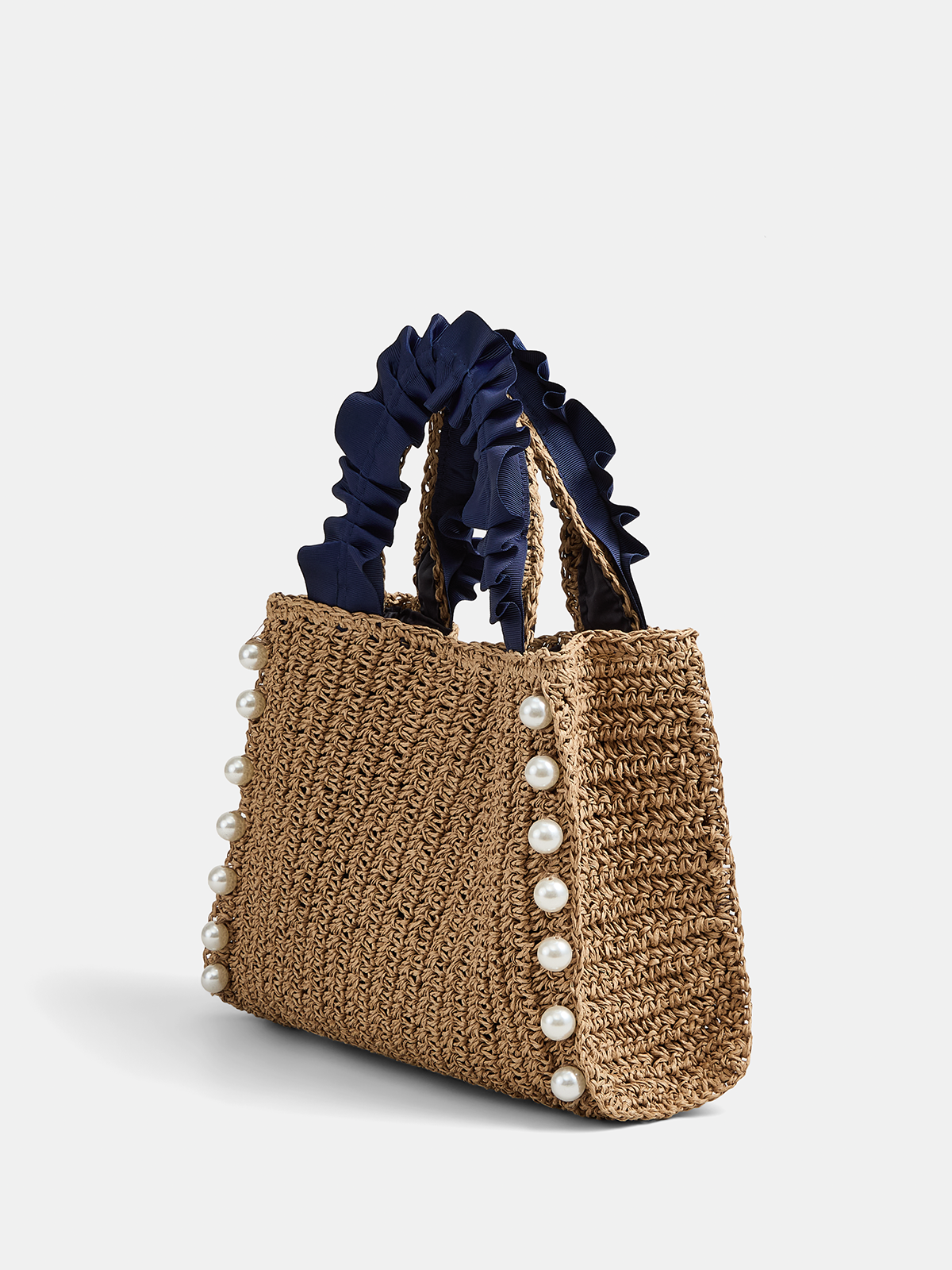 Pearl Decor Woven Straw Tote Bag Lightweight Summer Beach Handbag