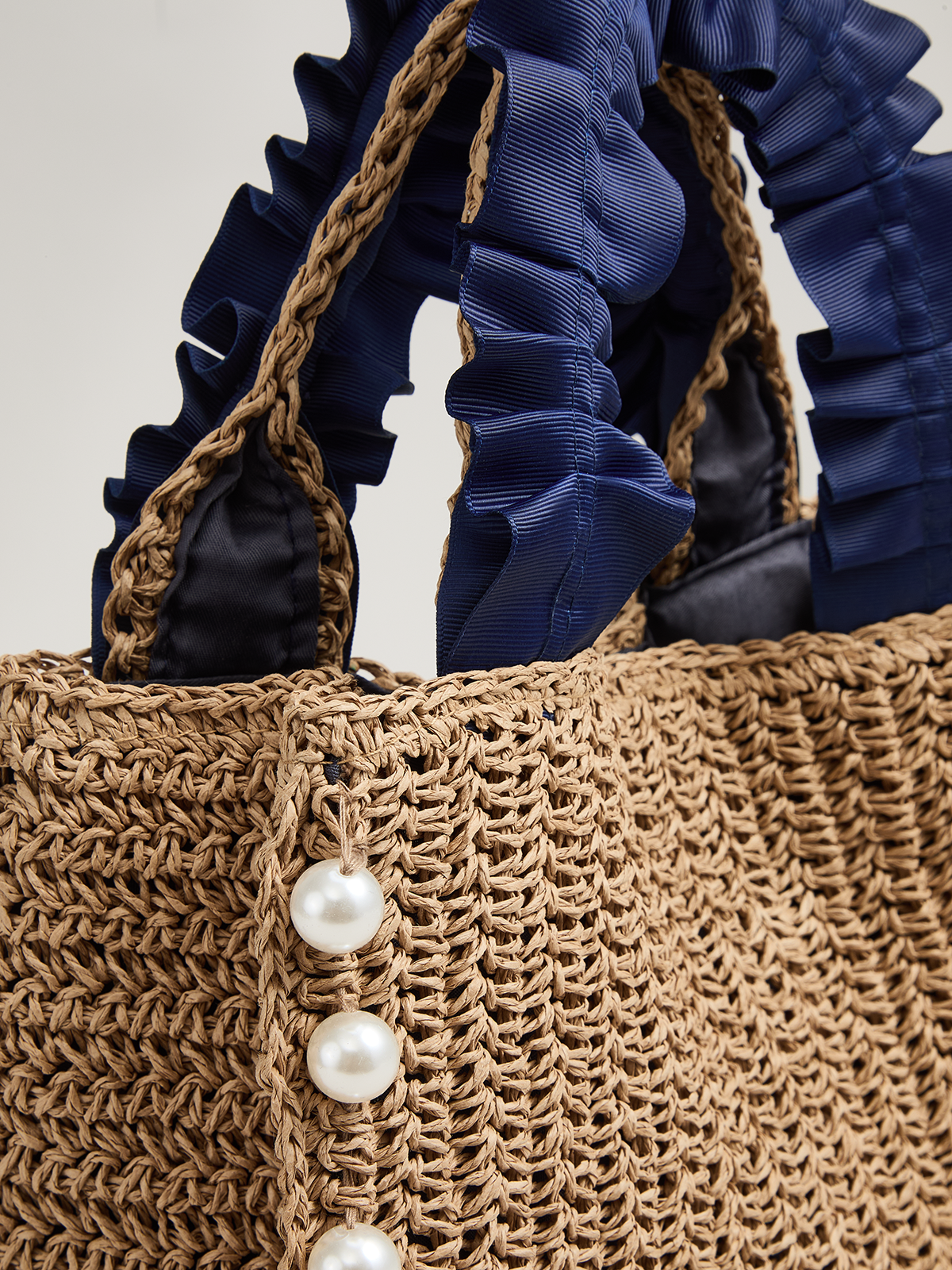 Pearl Decor Woven Straw Tote Bag Lightweight Summer Beach Handbag