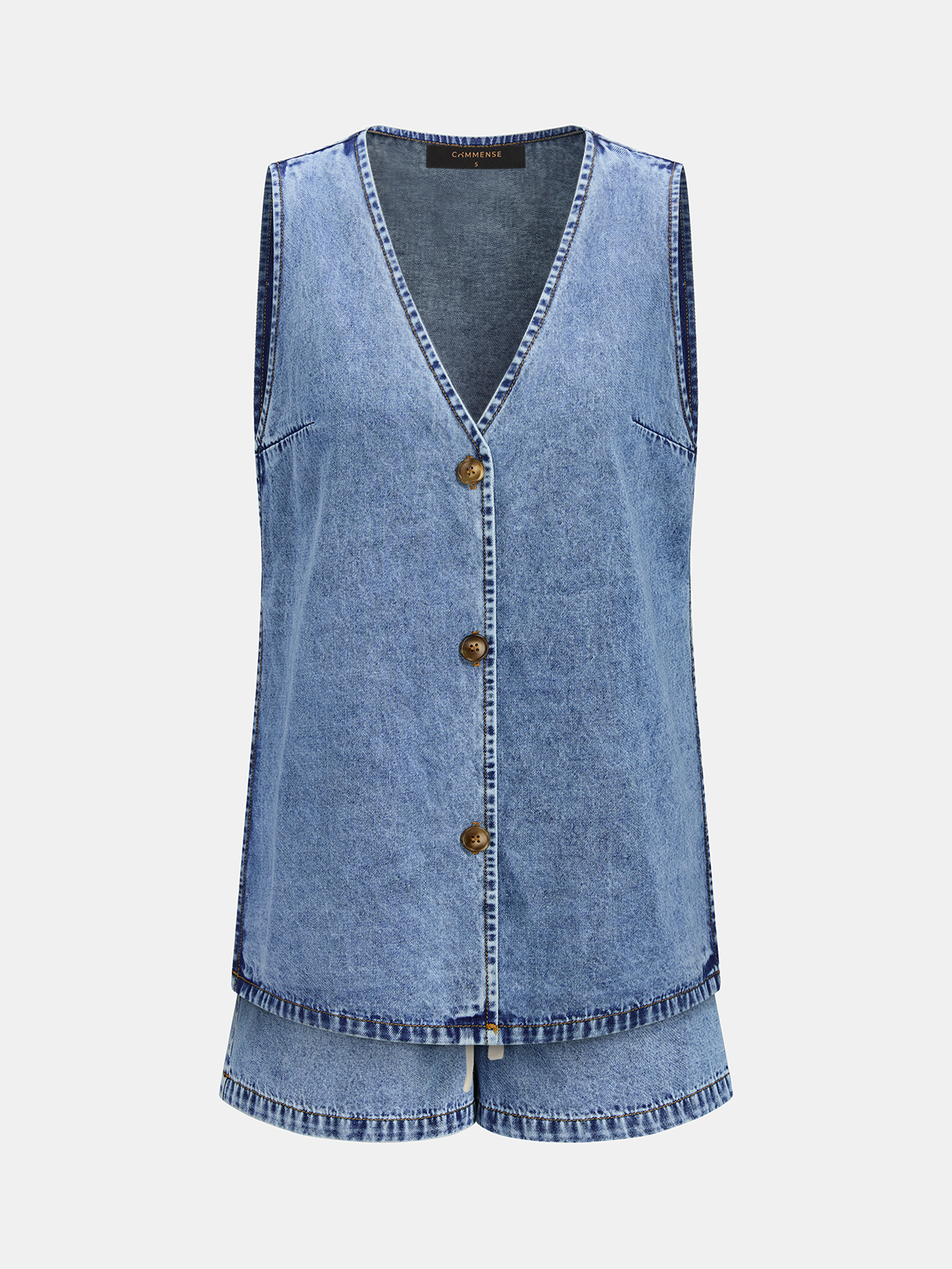 Side Slit Denim Vest & Adjustable Drawstring Shorts Co-ord Set
