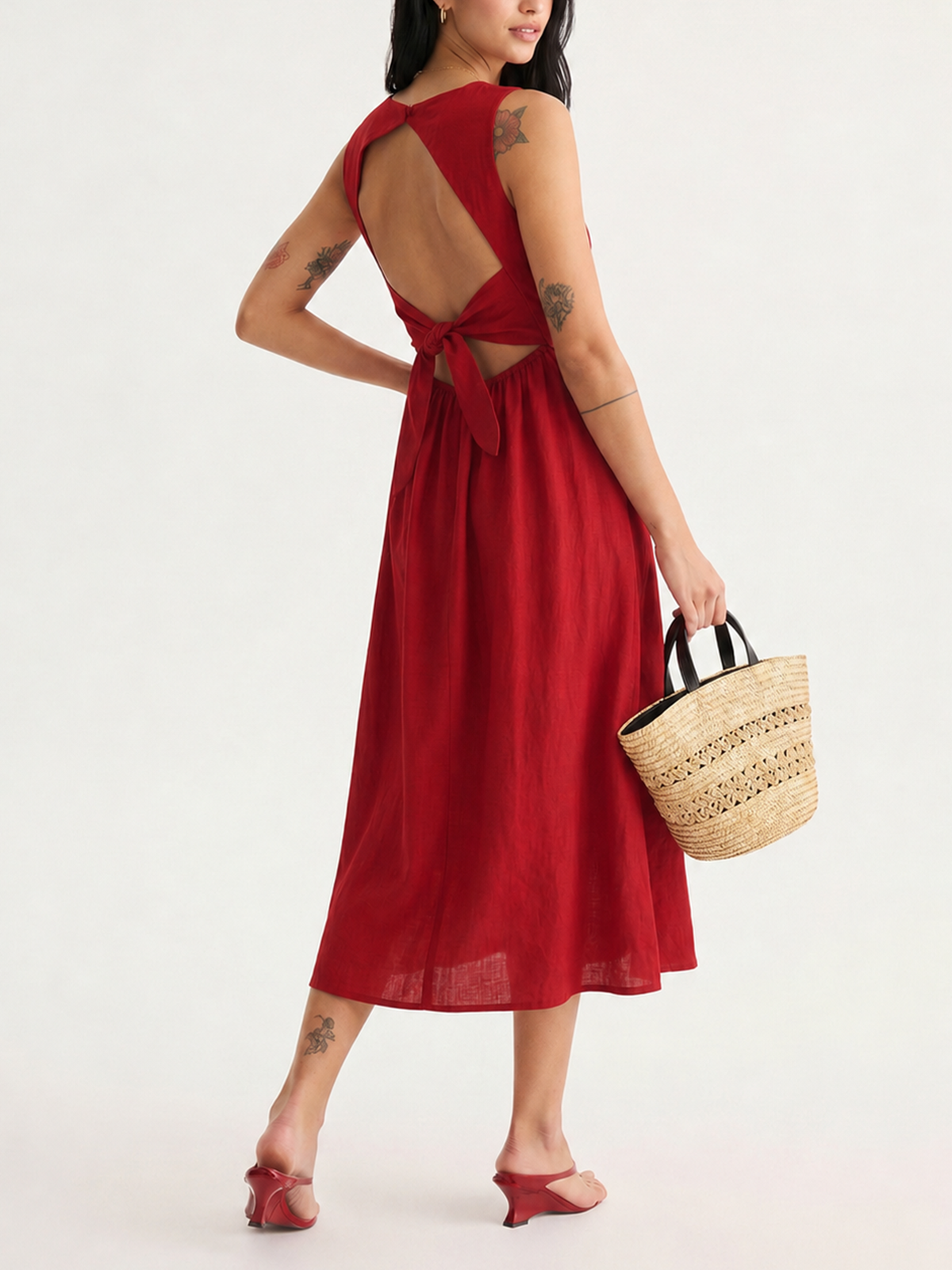 Scalloped Neckline Tie-Back Cotton Maxi Dress for Women Summer Casual