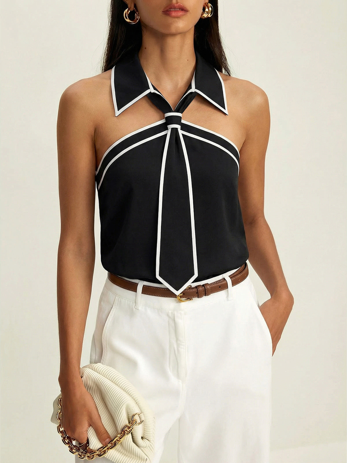 Tie Detail Contrast Piping Sleeveless Blouse for Women Casual Wear