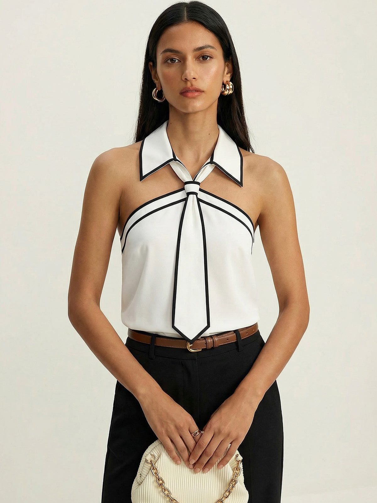 Tie Detail Contrast Piping Sleeveless Blouse for Women Casual Wear