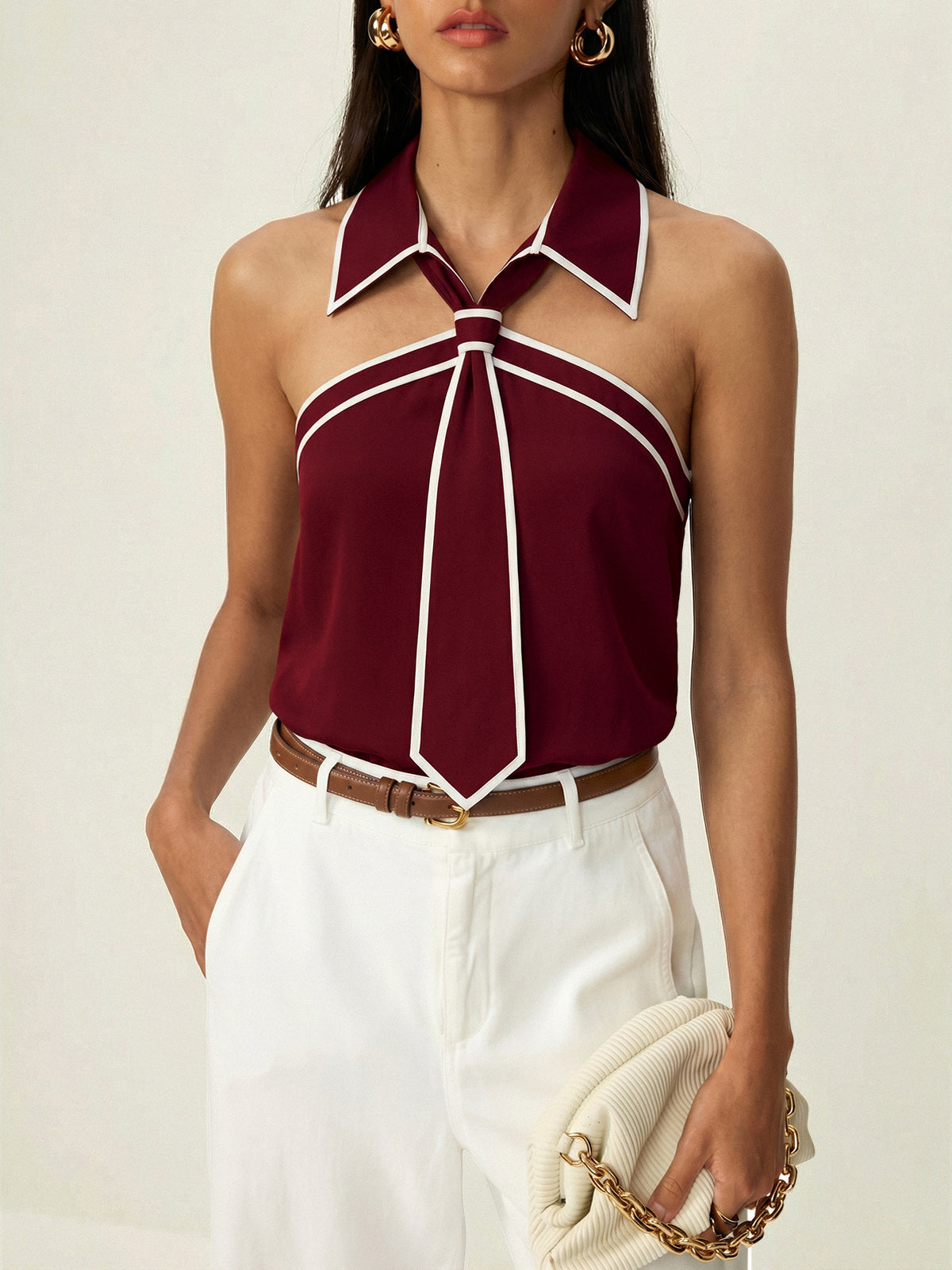 Tie Detail Contrast Piping Sleeveless Blouse for Women Casual Wear
