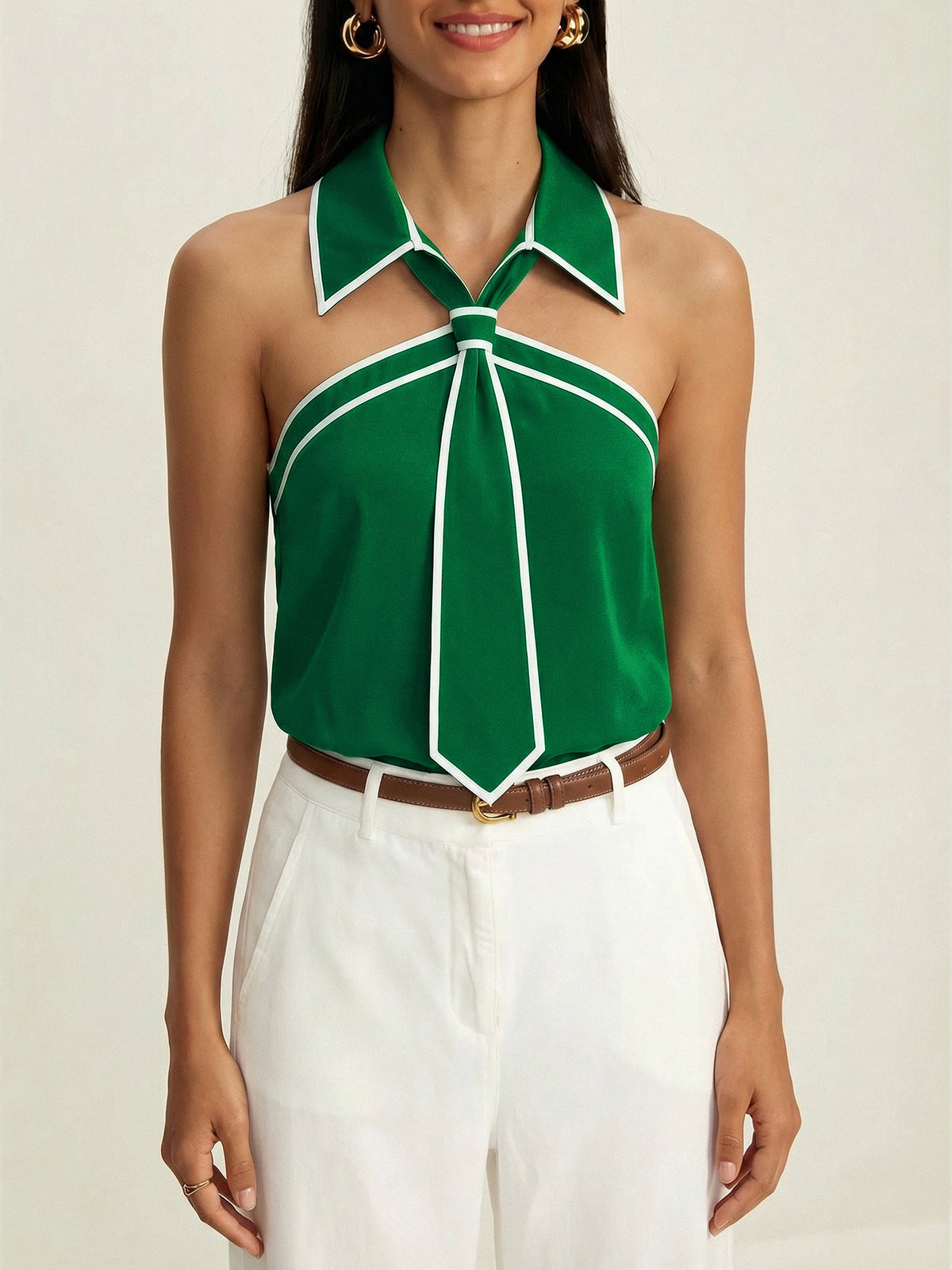 Tie Detail Contrast Piping Sleeveless Blouse for Women Casual Wear