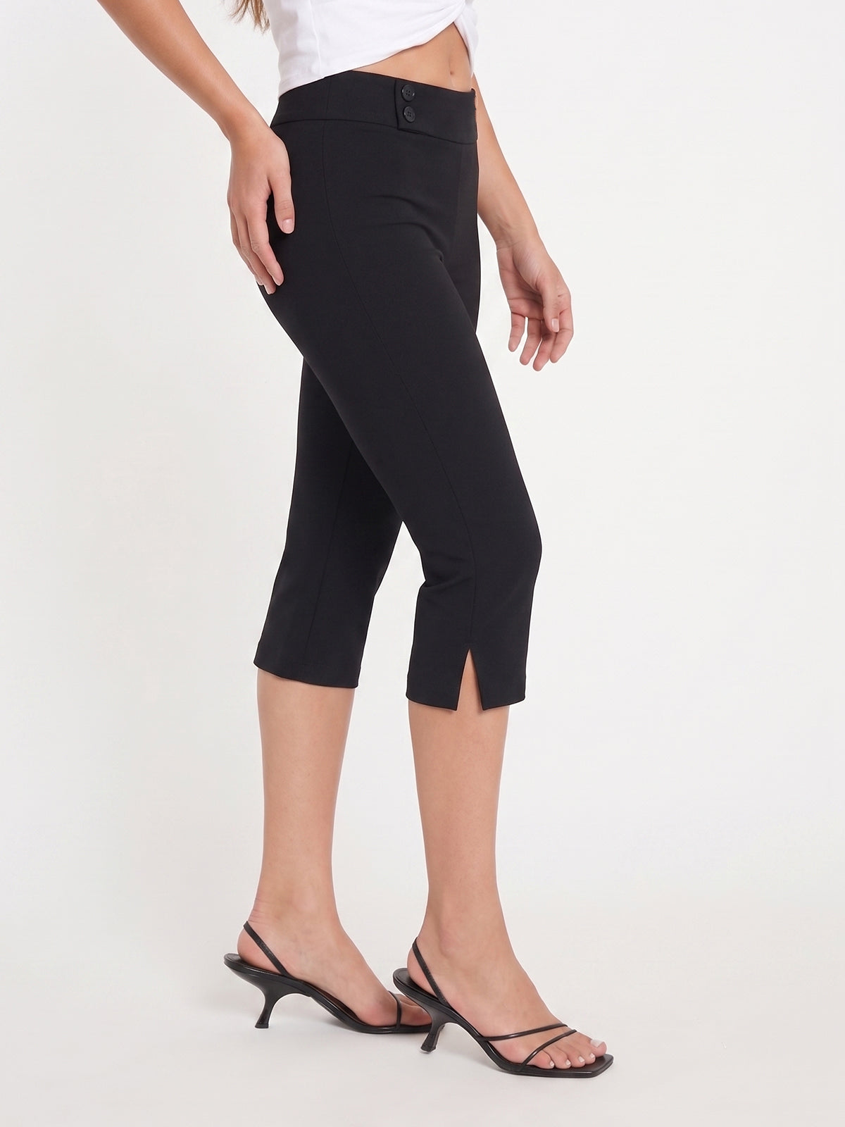 Split Hem Mid Waist Capri Pants with Elastic Back Band
