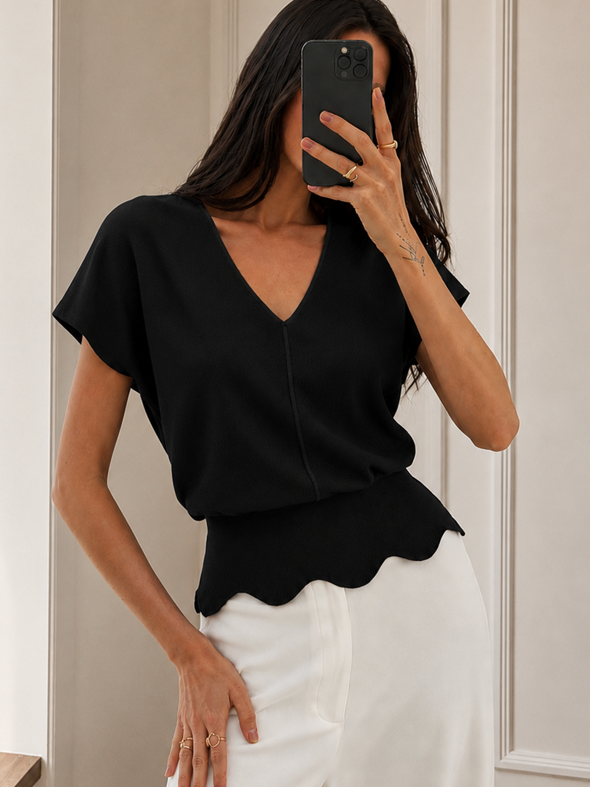 V-Neck Scalloped Hem Knit Top Women's Casual Pullover Sweater