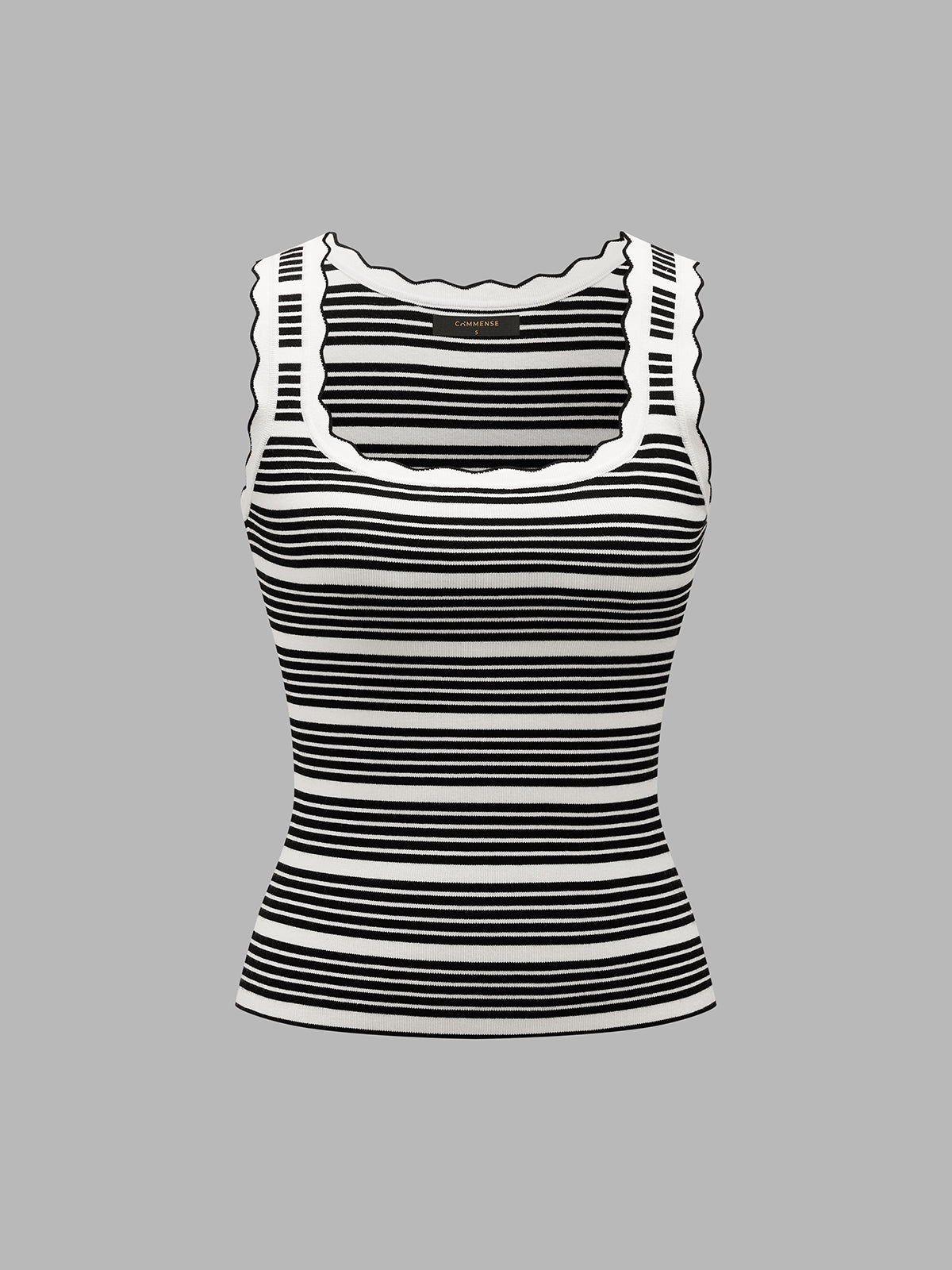 Wavy Trim Striped Ribbed Knit Tank Top for Women Casual Summer