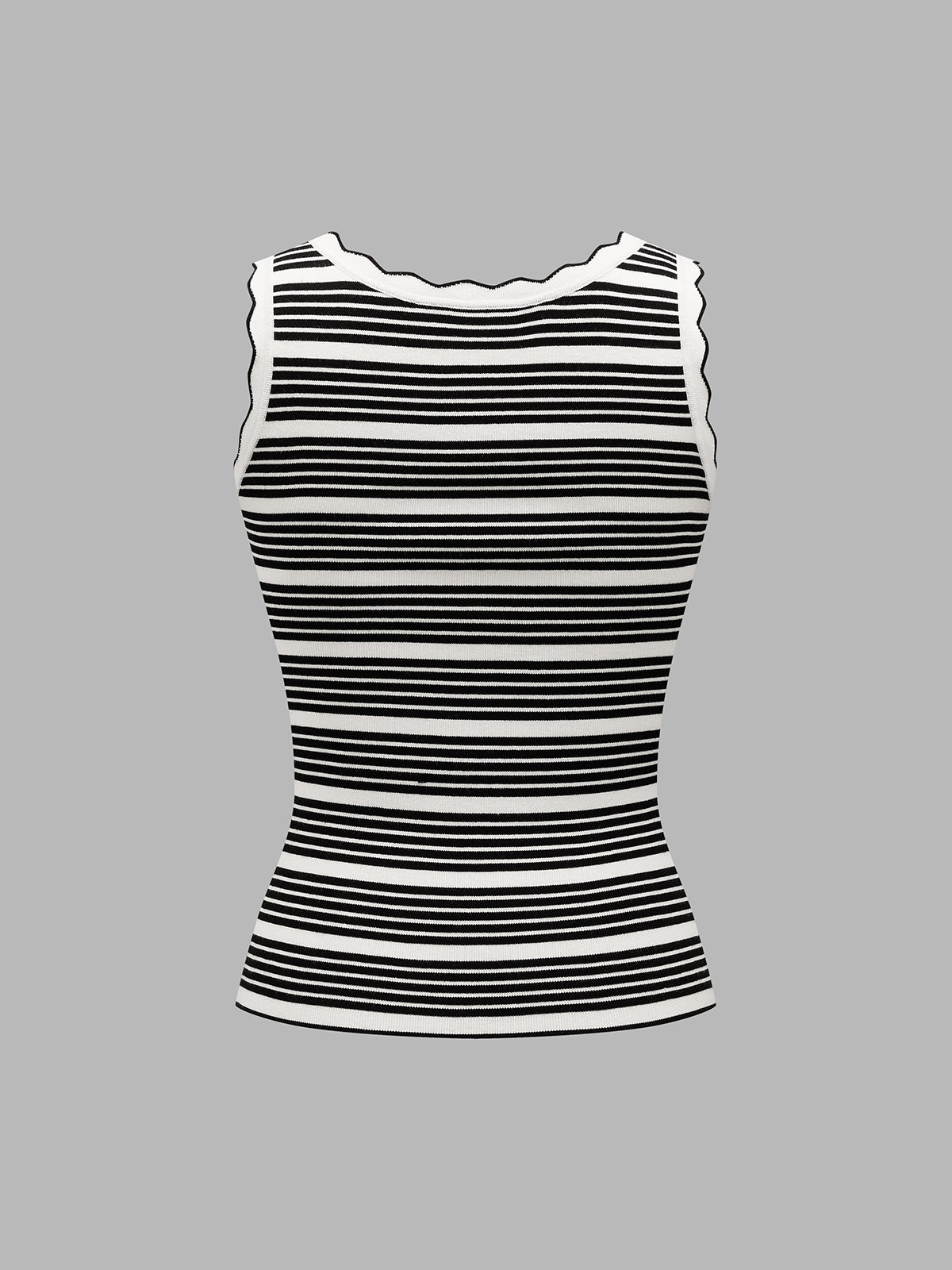 Wavy Trim Striped Ribbed Knit Tank Top for Women Casual Summer