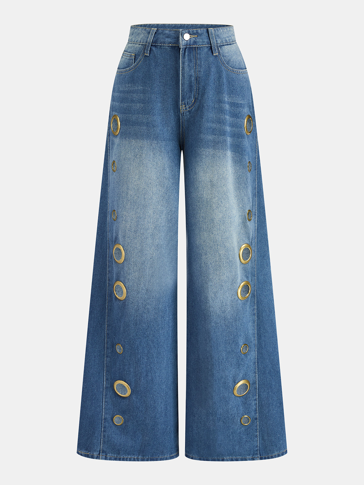 Metal Eyelet Mid Waist Wide Leg Stylish Casual Jeans for Women