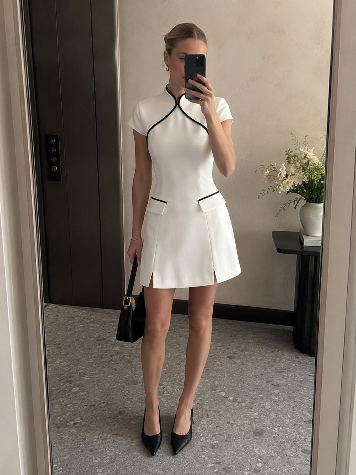 Mandarin Collar Contrast Piping Mini Dress for Women Casual Party Wear