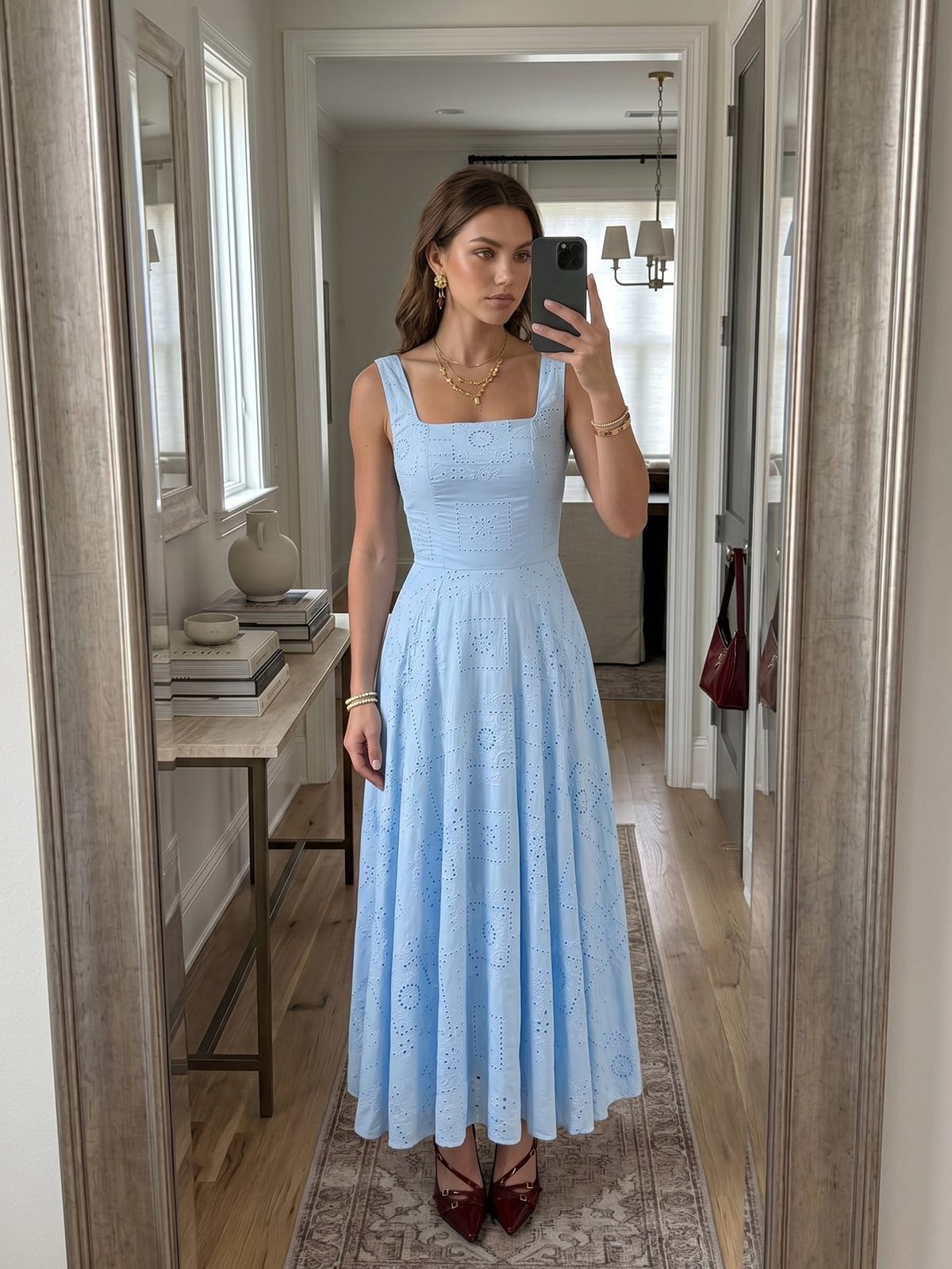 Square Neck Cotton Eyelet Embroidery Maxi Dress for Summer Weddings