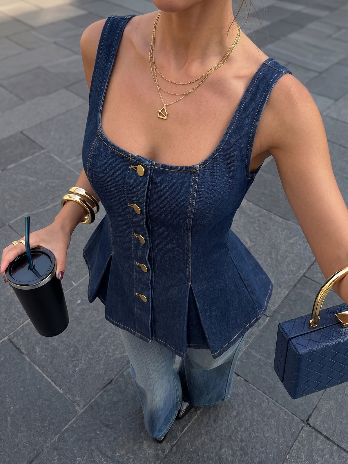 Square Neck Metal Button Peplum Denim Top for Women Stylish Casual Wear