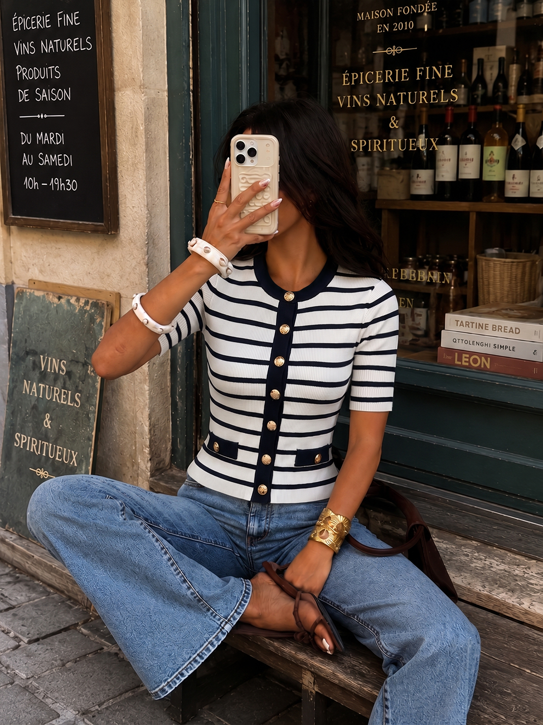 Striped Metal Button Short Sleeve Ribbed Knit Top Women’s Casual Fashion