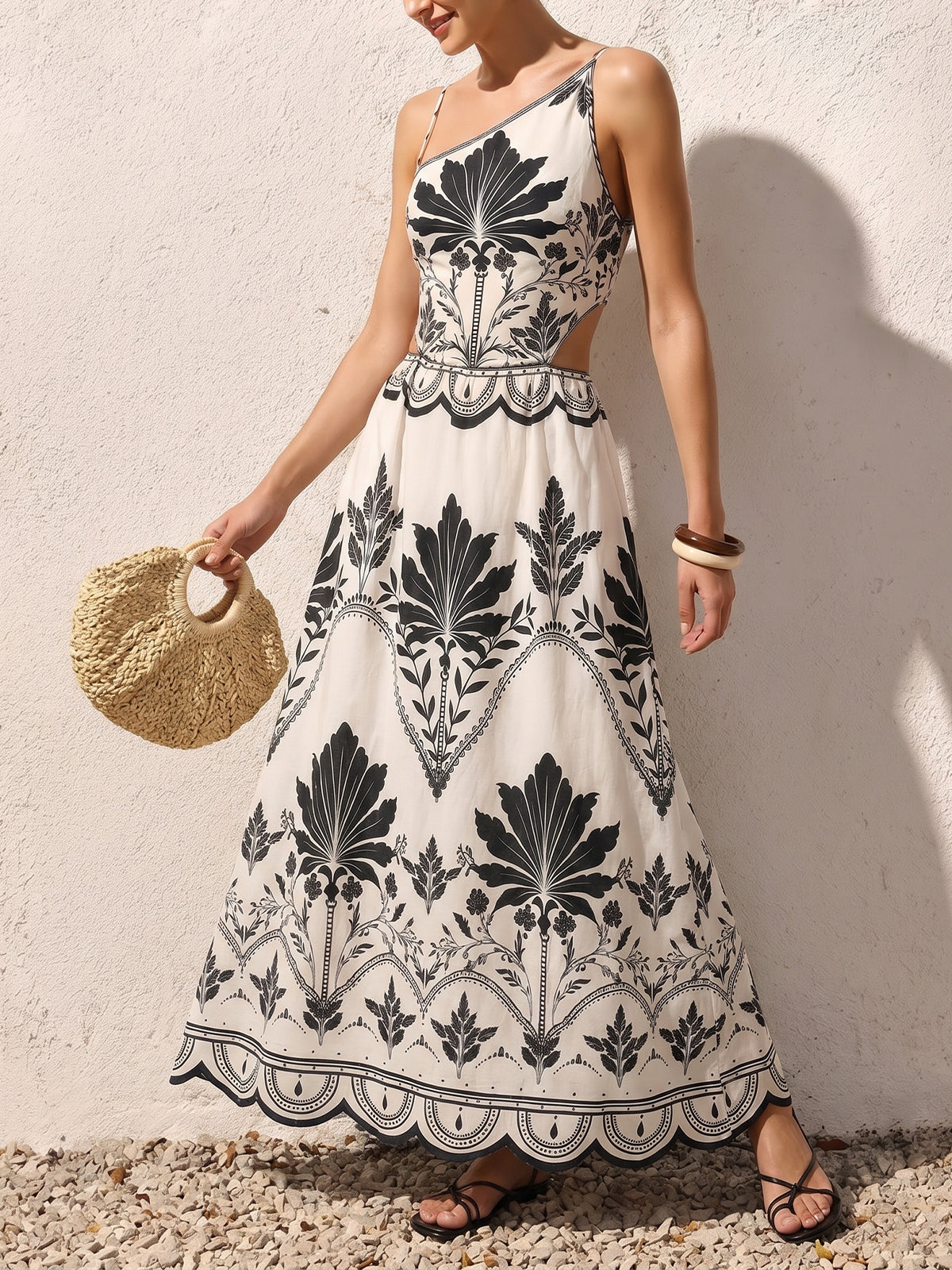 Leaf Print Cutout Asymmetrical Cami Maxi Dress for Summer Beachwear