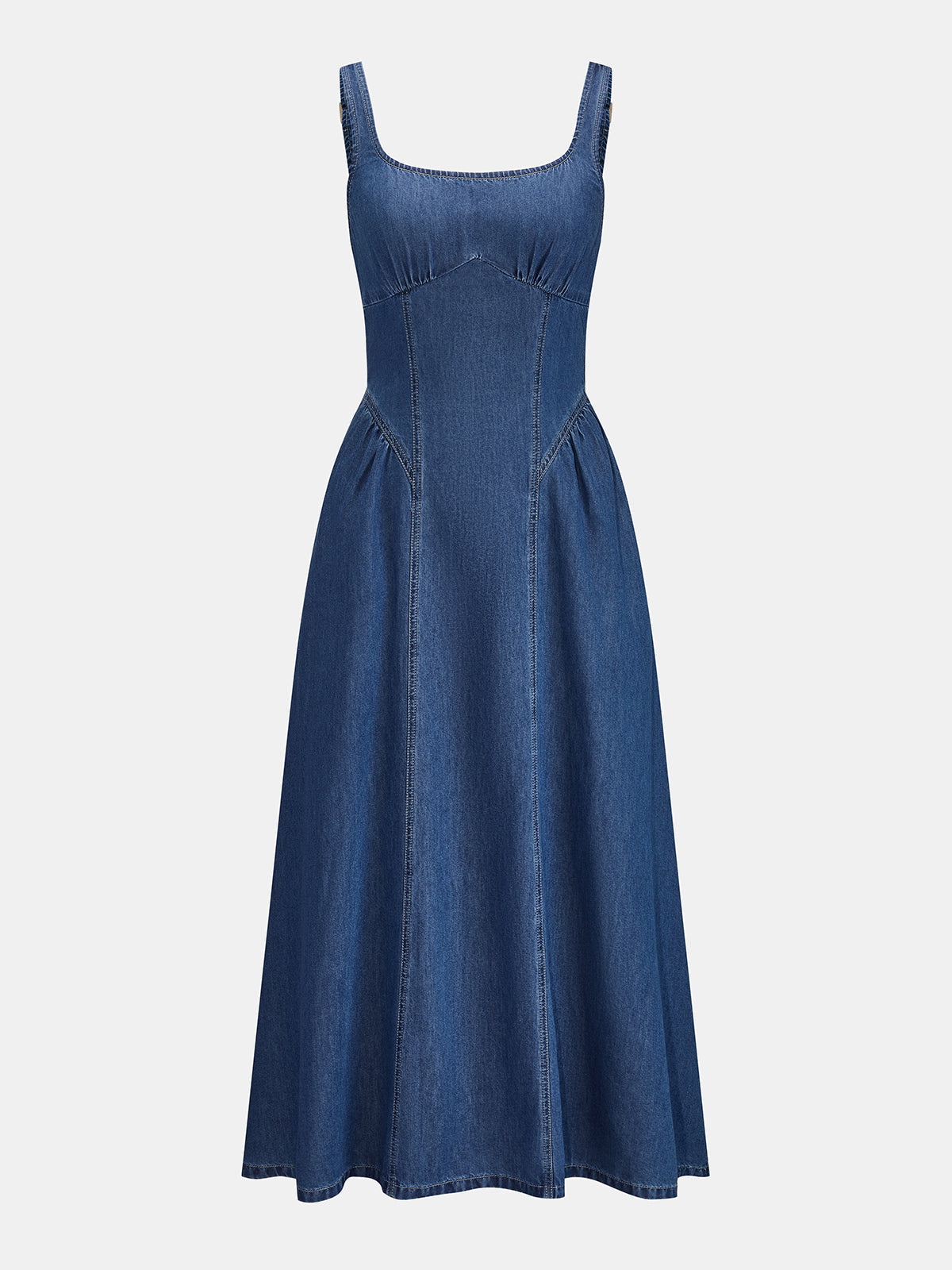 Square Neck Gathered Seam Denim Maxi Dress with Puff Sleeves and Side Pockets
