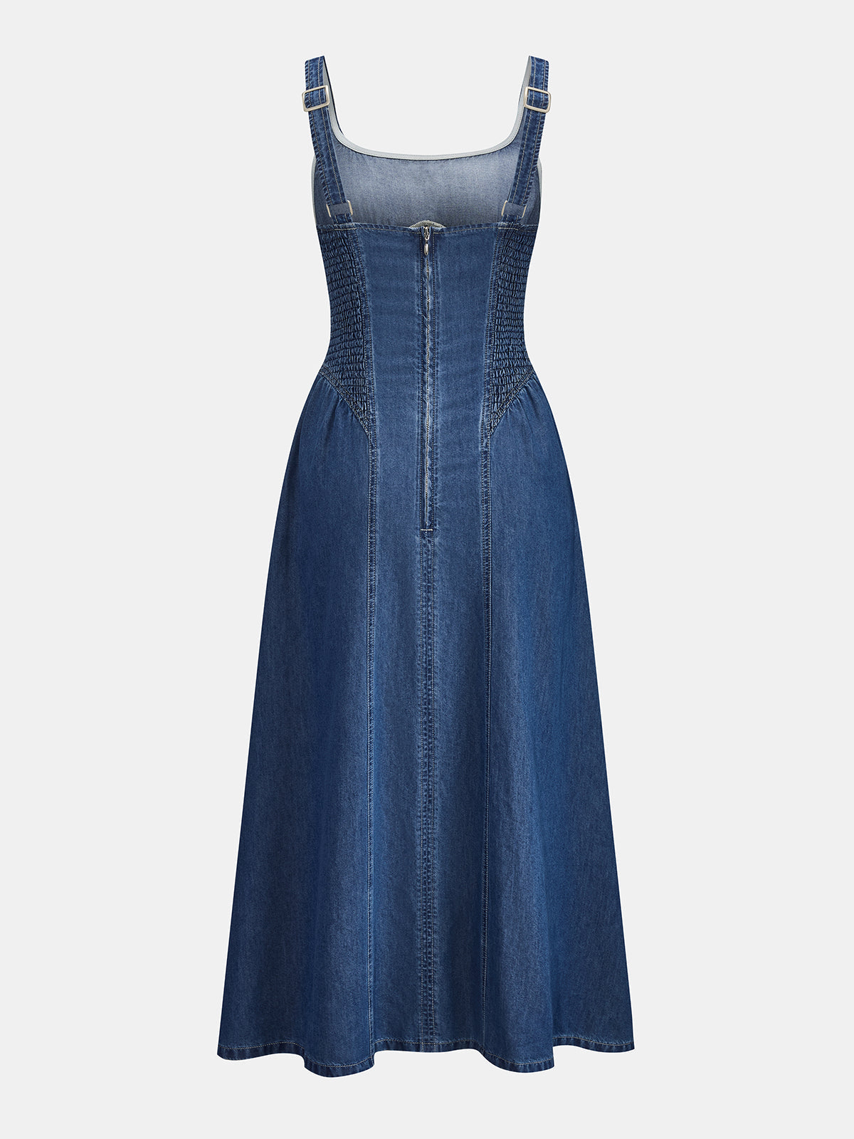 Square Neck Gathered Seam Denim Maxi Dress with Puff Sleeves and Side Pockets