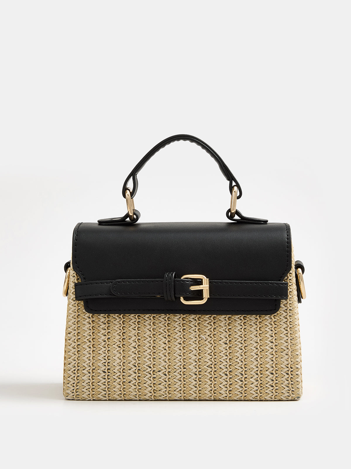 Buckle Detail Top Handle Straw Woven Handbag with Adjustable Strap for Women
