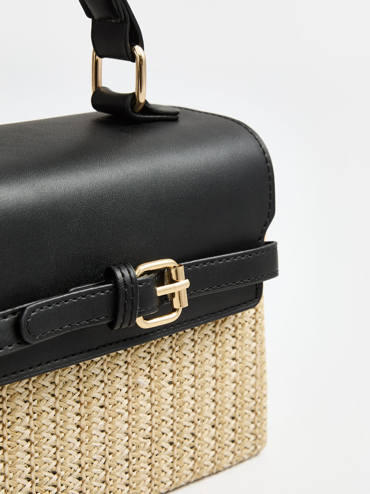 Buckle Detail Top Handle Straw Woven Handbag with Adjustable Strap for Women