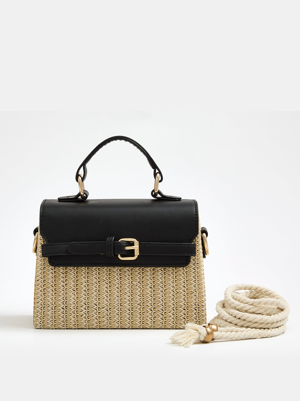 Buckle Detail Top Handle Straw Woven Handbag with Adjustable Strap for Women