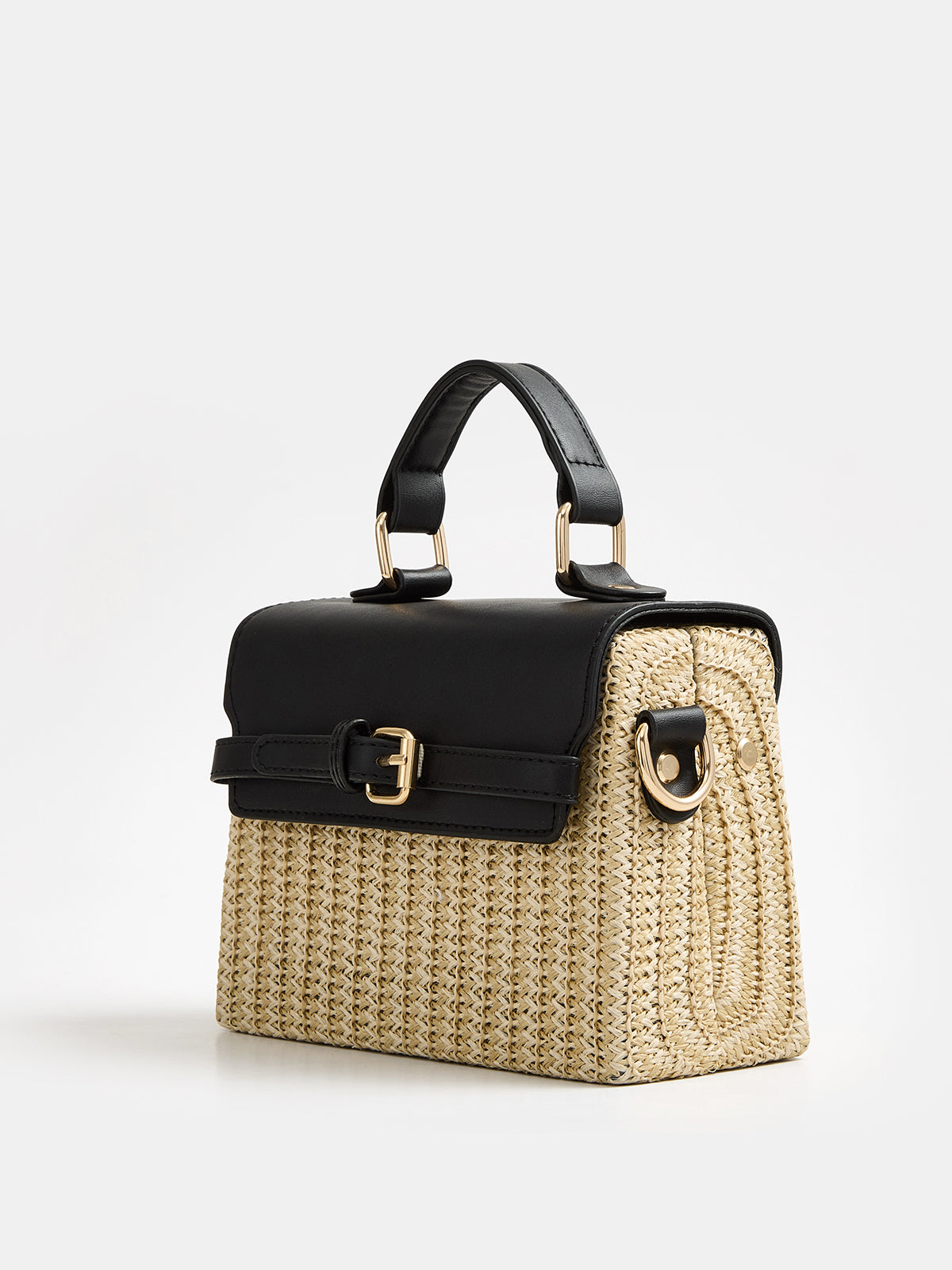 Buckle Detail Top Handle Straw Woven Handbag with Adjustable Strap for Women