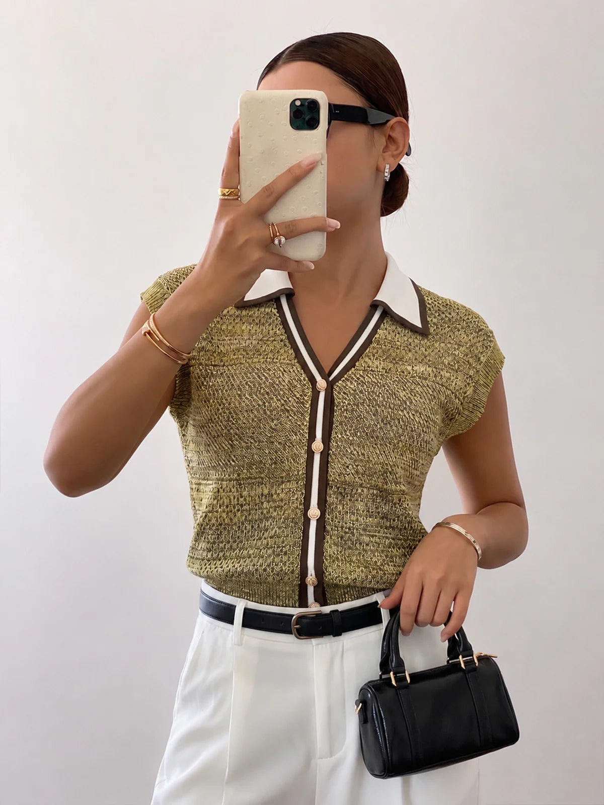 Contrast Trim Textured Knit Top for Women Casual Wear