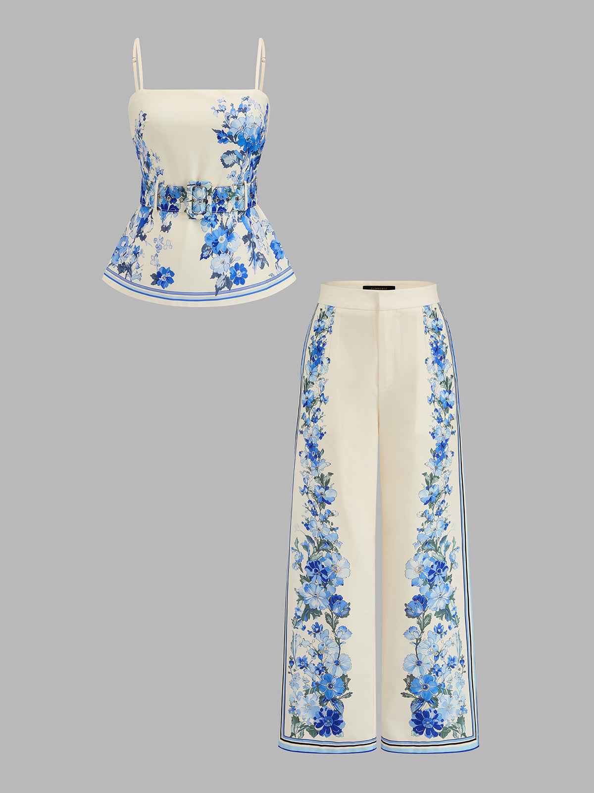 Floral Print Peplum Belted Cami Top & Pants Set for Women Spring Outfit