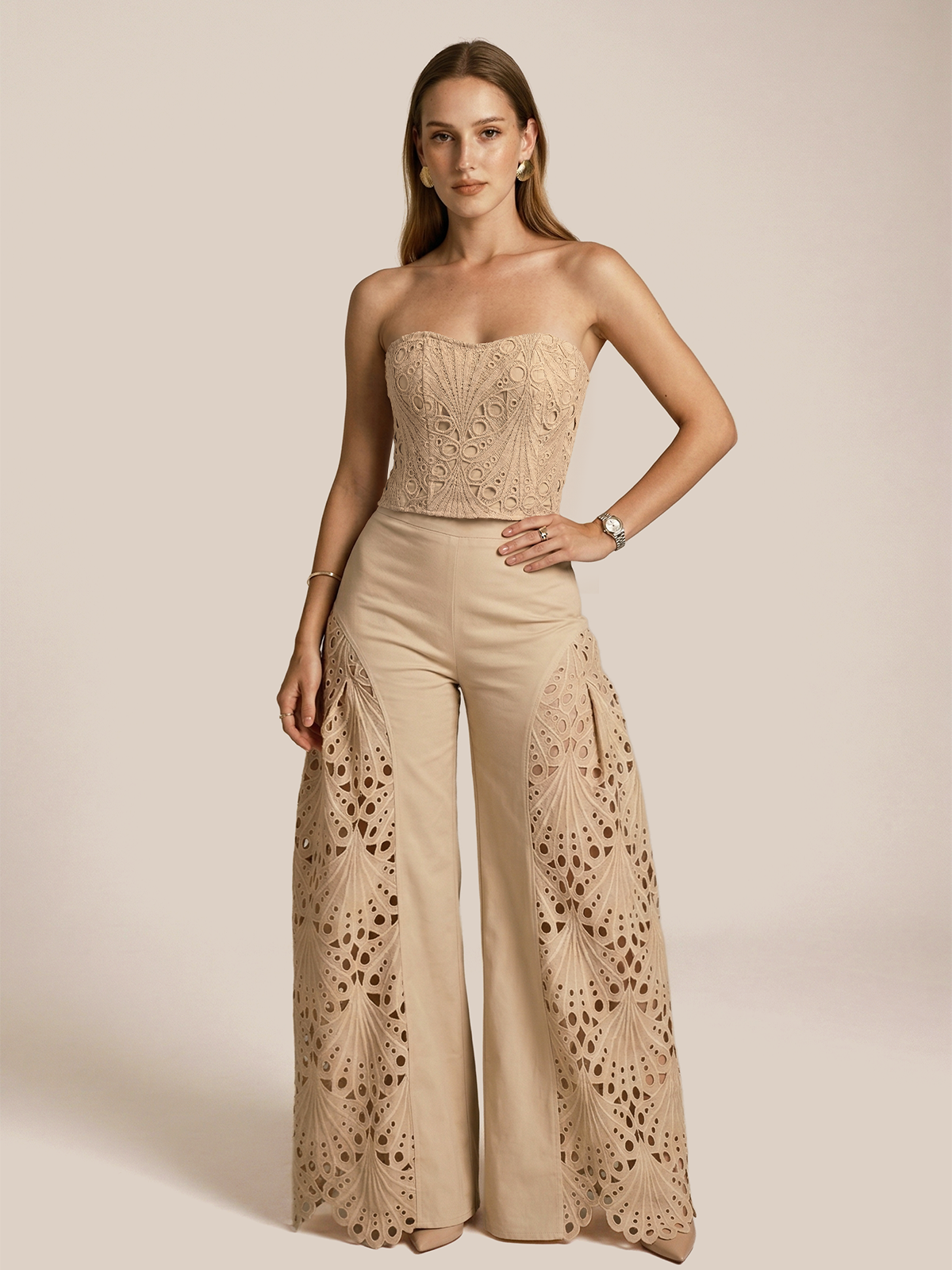 Strapless Eyelet Top & Wide Leg Pants Set for Summer Outfits