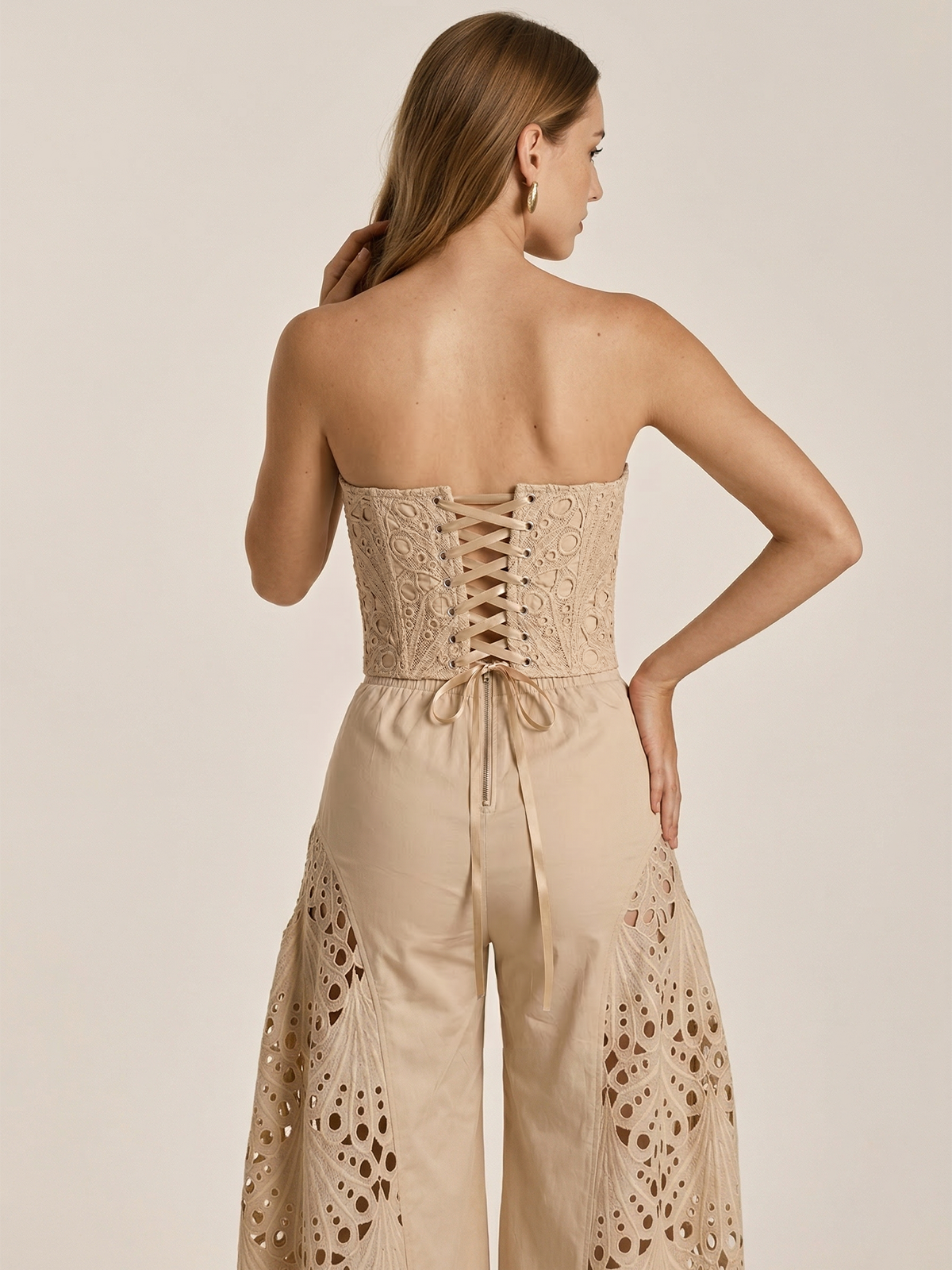 Strapless Eyelet Top & Wide Leg Pants Set for Summer Outfits