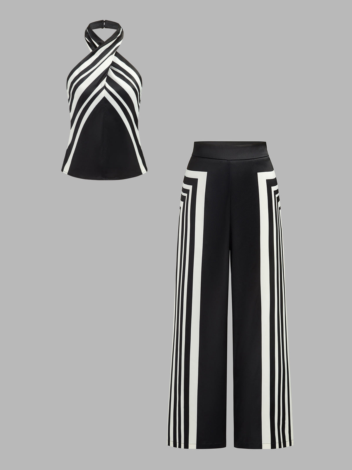 Graphic Stripe Halter Top & Casual Wide-Leg Pants Co-ord Set