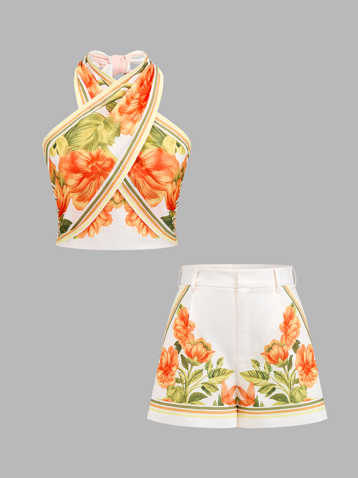 Floral Print Halter Top & Shorts Set for Summer Outdoor Wear