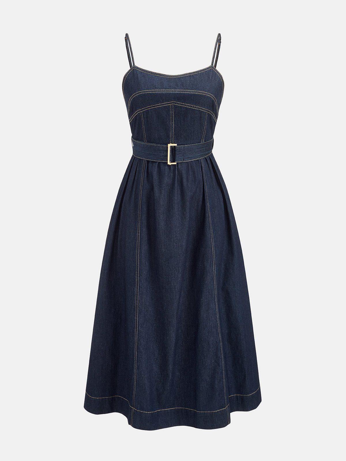 Belted A-Line Denim Cami Midi Dress with Side Pockets