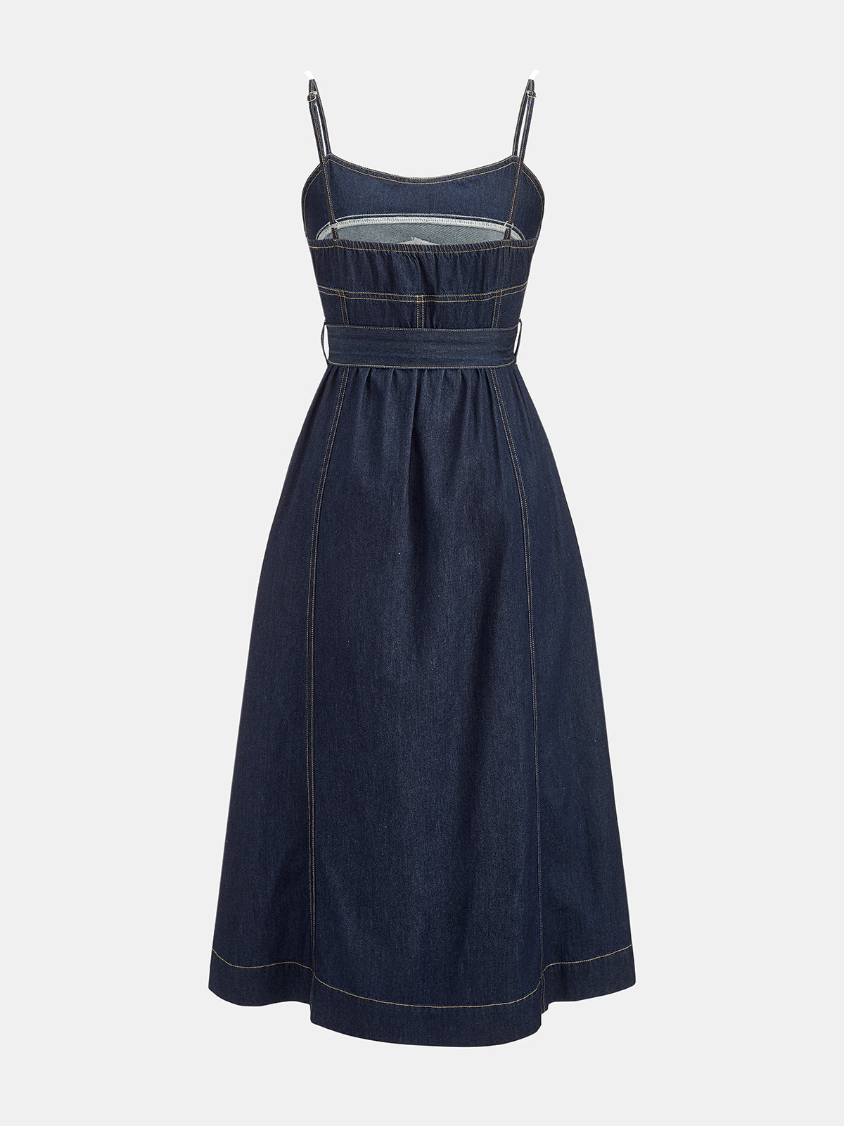 Belted A-Line Denim Cami Midi Dress with Side Pockets