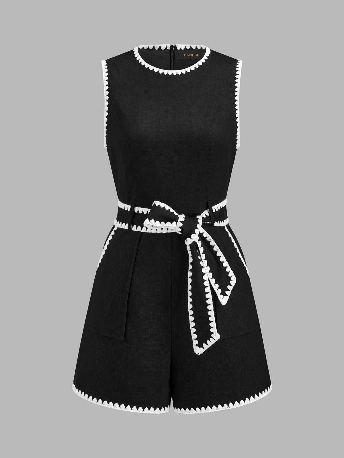 Linen Blend Scallop Trim Belted Romper for Women Casual Summer