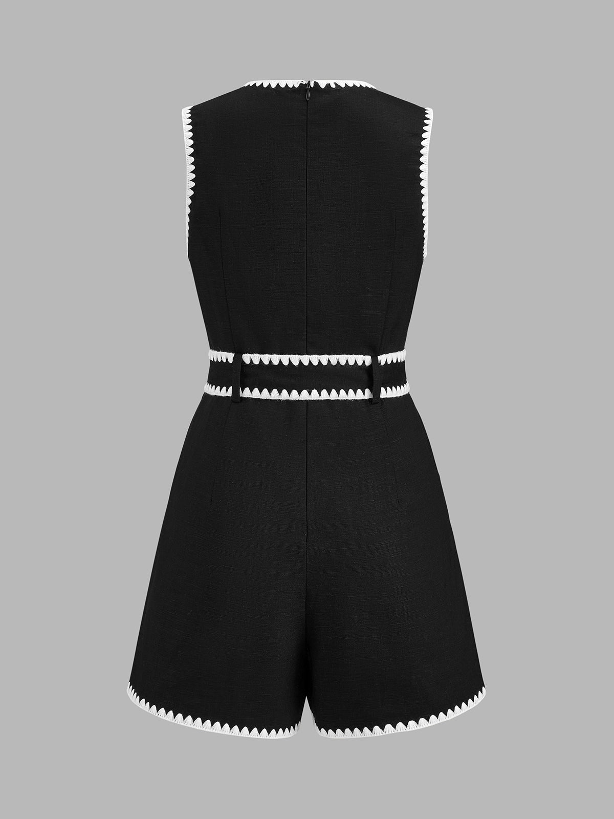 Linen Blend Scallop Trim Belted Romper for Women Casual Summer