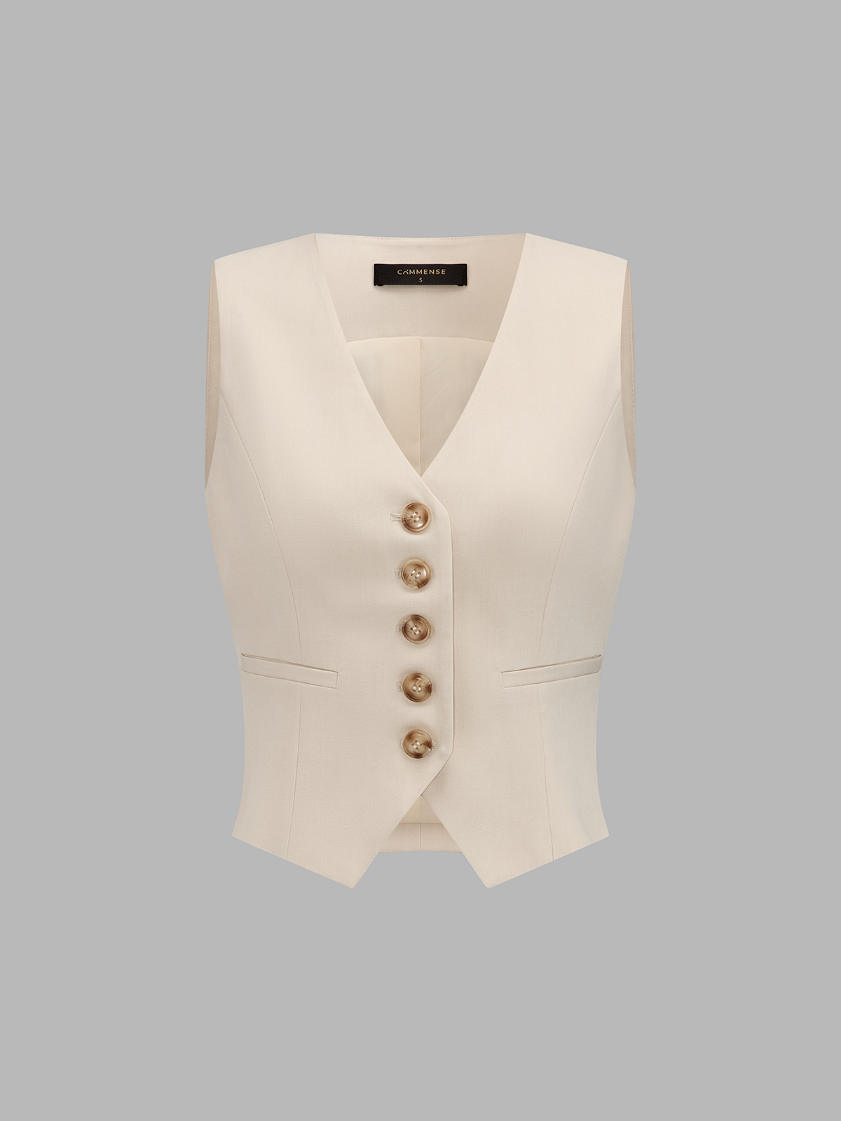 V-neck button-front cropped fitted vest and wide-leg trousers set, stylish women's business casual attire